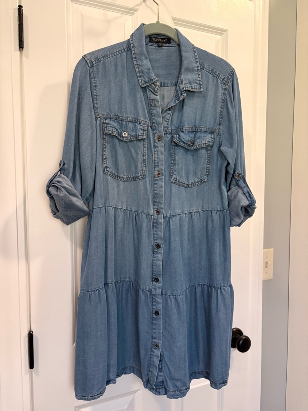 Light Blue Denim Tiered Button-Front Dress by Velvet Heart